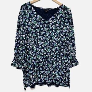 J. Jill wearever collection blue green floral 3/4 sleeve blouse XL petite travel